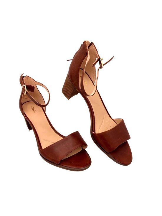 Clarks Shoes - Clarks Brown Leather Ankle Strap Sandals Womens Size 9 Block Heel Open Toe Tan